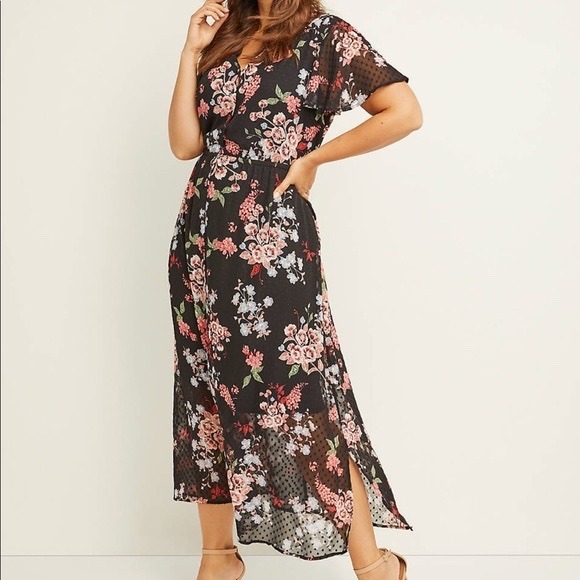 Lane Bryant Dresses & Skirts - Lane Bryant Black Floral Swiss Dot Flutter Sleeve Button Front Midi Dress 14